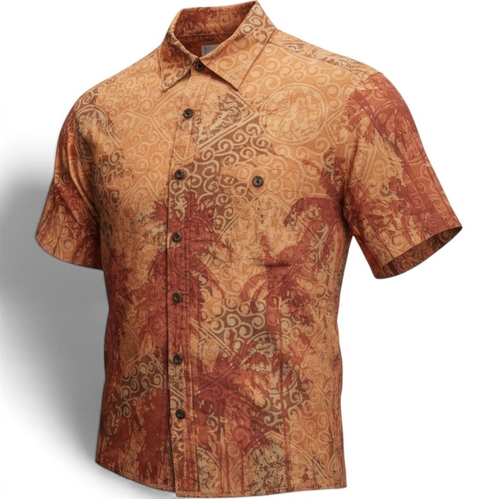 The Territory Ahead Mens Orange Batik Palm Tree Cotton Button Down Shirt Small